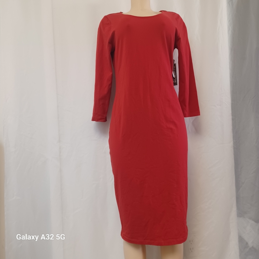 New York & Company Red Sheath Dress 3/4 Raglan Sleeves Size L - Picture 3 of 12